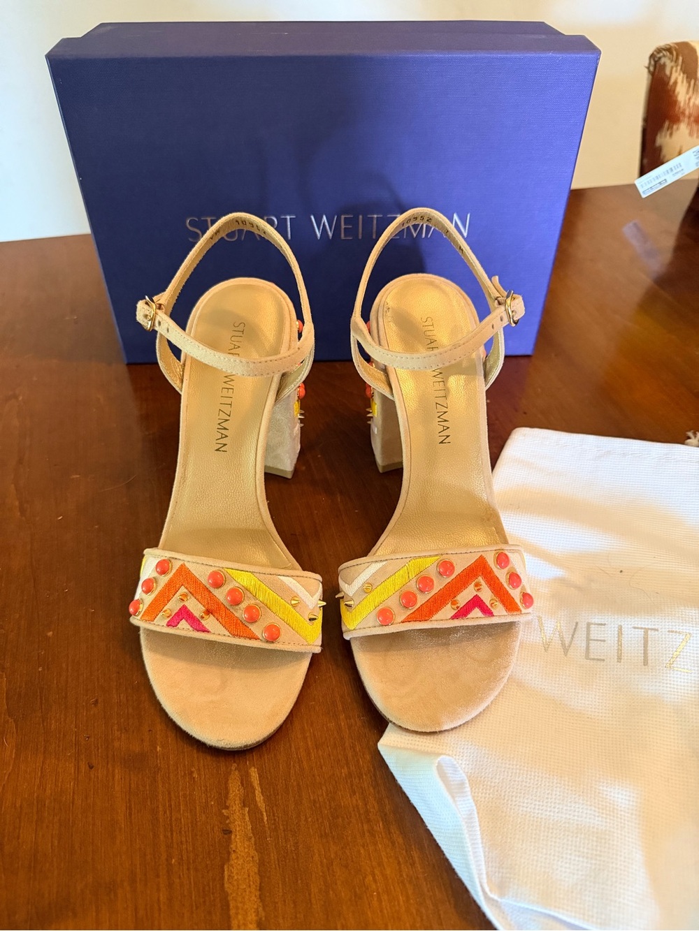 Stuart Weitzman “Both” Beige Suede Block Heel Sandals with Neon Accents